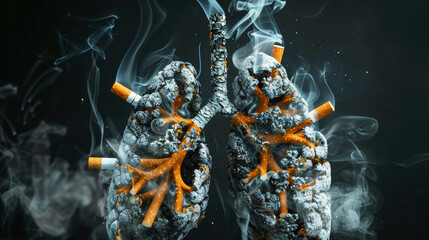 Human lungs made from cigarettes and smoke. Modern Art. Dark background. Impact of smoking on health. Generative AI