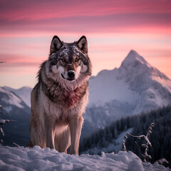 Aerial view of majestic mountains in Switzerland with a colorful sky,"a wolf looking at the camera with dear in background,"Lone Wolf Blending Into Snowy Landscape During Sunset Background.




