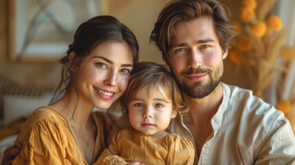 Portrait of a young family, mom, dad and little child together.