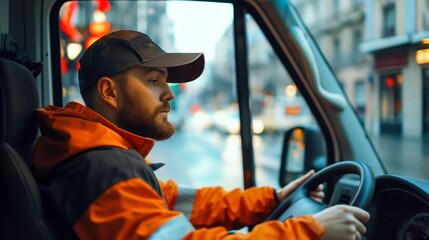 A delivery man in an orange jacket and black cap is driving his van through the city streets.