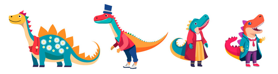 お洒落な服を着た可愛い恐竜たち