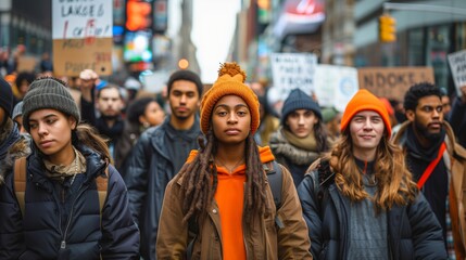 A group of young people at an environmental rally, holding signs and walking down the street in New...