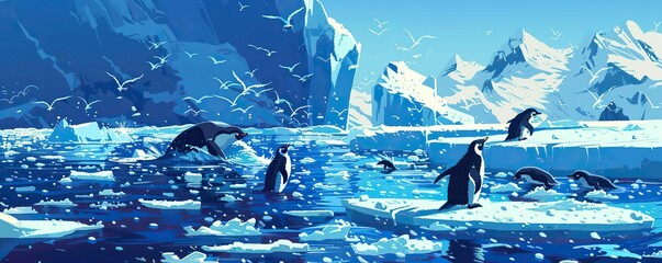 summer background with penguins and icebergs in the ocean