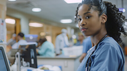 A focused African American nurse monitors equipment in a bustling hospital setting. - Powered by Adobe