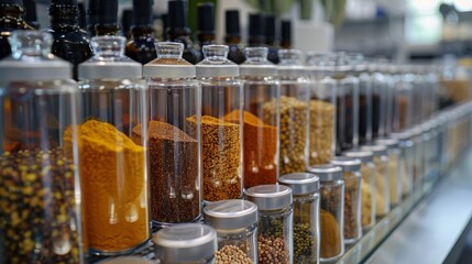 food laboratory organization, in a food quality lab, spices and ingredients are neatly arranged in glass jars for precise measuring and testing of food products
