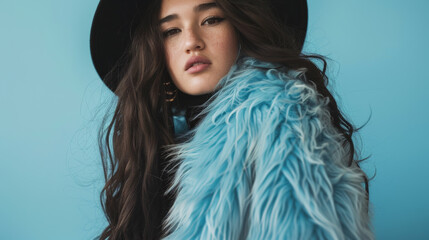 Stylish woman with a confident gaze wearing a hat and feathery blue coat against a cyan backdrop. - Powered by Adobe