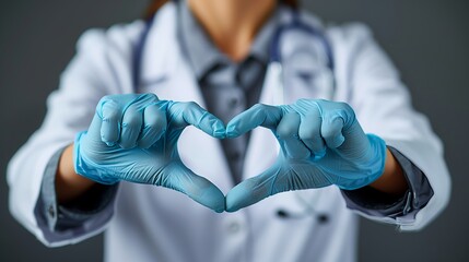 Doctor in aqua sportswear and blue gloves makes heart gesture with hands