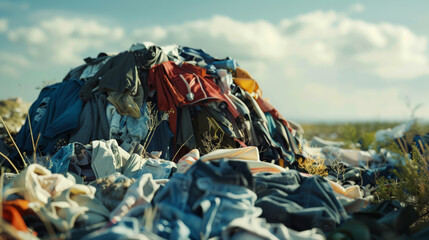 A colorful mound of discarded clothing looms under an open sky, hinting at waste and excess.