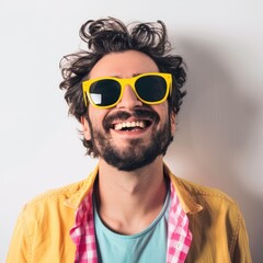 Happy man with big sunglasses, ham texture on the frame, hick sunglasses frame