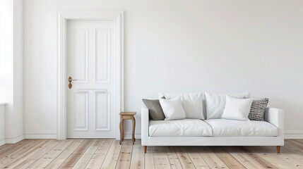 copy space, stockphoto, White sofa near wooden door. Scandinavian modern living room. Luxury clean living space, with a white couch. Scaninavian style. Modern living trends.
