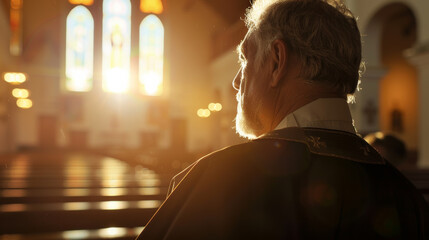 A peaceful moment as an elderly priest reflects in a sunlit, serene church setting.
