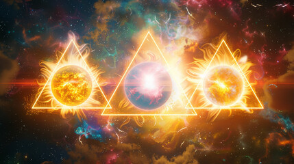 Mystical cosmic symbols glow radiantly amidst a star-filled nebula.