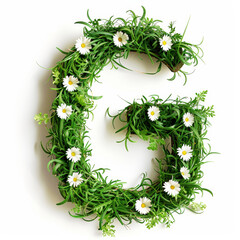 Green organic grass with tiny flowers made letter G on white clean background. Environment concept. Generative AI