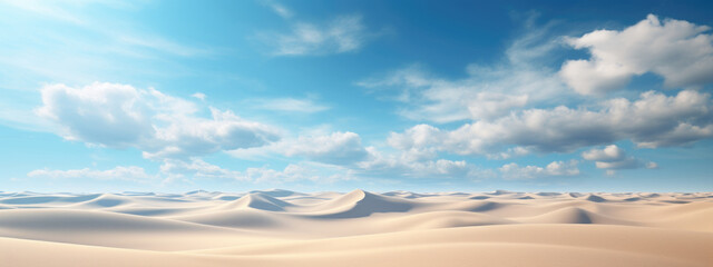Sand dunes under blue sky with white clouds, peaceful desert landscape