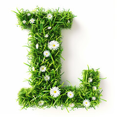 Green organic grass with tiny flowers made letter L on white clean background. Environment concept. Generative AI