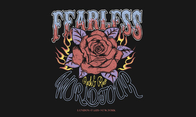 Naklejka premium Rose vector design. Wild and free. Stay strong. Free soul. Rock and roll print design for t shirt and others. Rose fearless artwork. Music world tour.