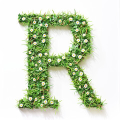 Green organic grass with tiny flowers made letter R on white clean background. Environment concept. Generative AI