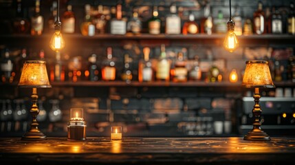 Elegant bar counter with bottles on shelves and dim lights in the background