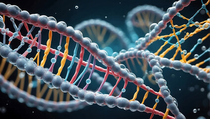 A close up of a 3D render dna strands helix molecule experiment illustration against a dark blur background