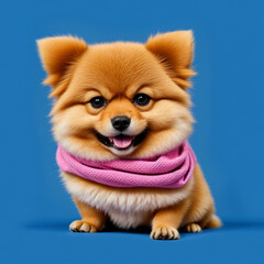 Pomeranian dog wear scarf on blue background.