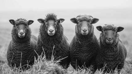 Fototapeta premium Sheep in the field looking at the camera with a blurred background