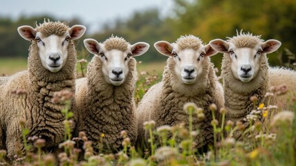 Fototapeta premium Sheep in the field looking at the camera with a blurred background