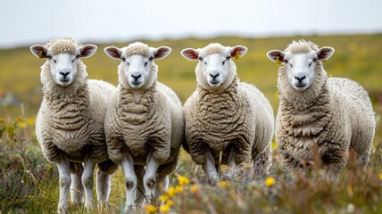 Fototapeta premium Sheep in the field looking at the camera with a blurred background