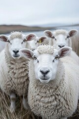 Obraz premium Sheep in the field looking at the camera with a blurred background