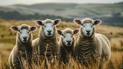 Fototapeta premium Sheep in the field looking at the camera with a blurred background