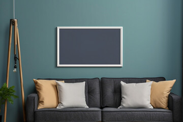 Interior of modern living room with sofa and mock up poster frame