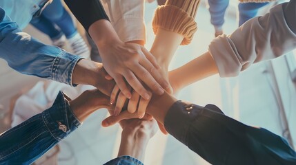 Collaboration and camaraderie among colleagues with hands on top of each other