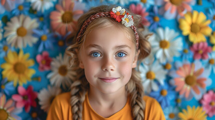 Portrait of a little girl with blue eyes on a floral background.