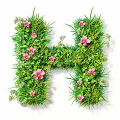 Green organic grass with tiny flowers made letter H on white clean background. Environment concept. Generative AI