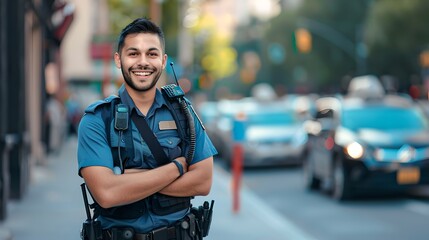 Fototapeta premium Smiling Male Professional in Blue Uniform on City Street. Portrait of Friendly Worker. Casual Urban Daylight Scene. AI