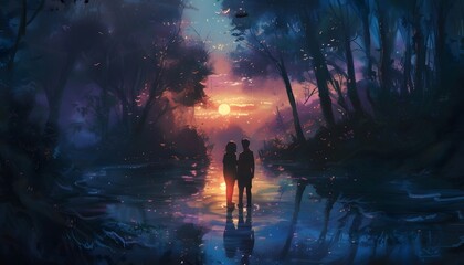 Couple Walking in Enchanted Forest at Sunset