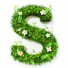 Green organic grass with tiny flowers made letter S on white clean background. Environment concept. Generative AI