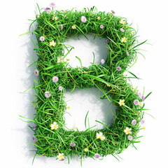 Green organic grass with tiny flowers made letter B on white clean background. Environment concept. Generative AI