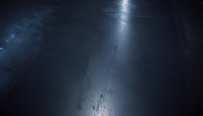 Dark street, wet asphalt, reflections of rays in the water. Abstract dark blue background, smoke, smog. Empty dark scene, neon light, spotlights. Concrete floor