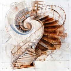 Da Vinci's Spiral Staircase Design An image of a spiral staircase designed by Da Vinci reflecting the golden ratio, logo, white background 