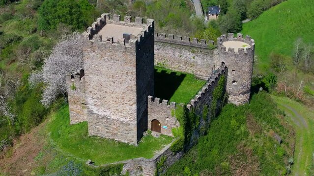 Drone shot of Doiras Castle also known as Ferreria Castle in Cervantes, Lugo, Galicia, Spain