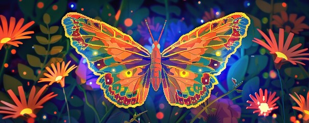 summer background with colorful flowers and butterflies, including orange and red blooms, a yellow and orange butterfly, and a yellow and orange flower