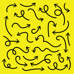 Hand drawn arrow vector icon set. arrow design sketch on yellow background.