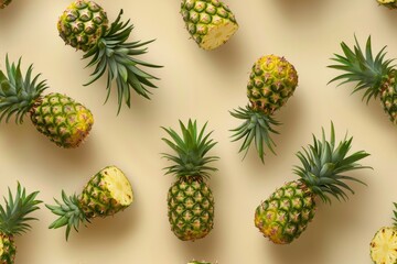 Fototapeta premium Fresh Pineapples on a Bright Yellow Background