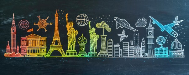 Colourful chalk illustration of travel's city symbols on black chalkboard