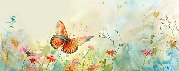 summer background with colorful flowers and butterflies, including pink, red, orange, and blue blooms, set against a white wall