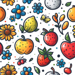 Pattern design with child-drawn flowers and fruits on a white background.