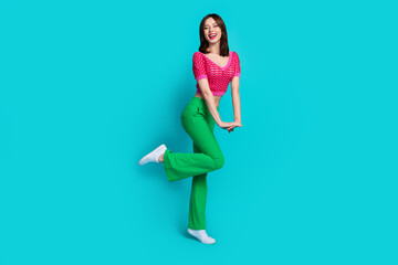 Full length photo of lovely elegant nice woman dressed knitwear top green retro pants stand one leg...