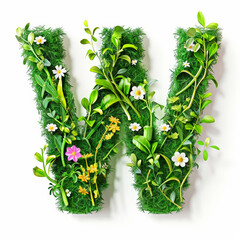 Green organic grass with tiny flowers made letter W on white clean background. Environment concept. Generative AI