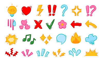 Doodle expressions sign. Comic emotion effects, Manga hand drawn color decorative emoticons elements. Expressive lines, directional arrows, sparkles, heart, question mark. Vector set