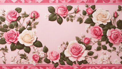  a rectangular arrangement of pink roses with gold leaves on a beige background